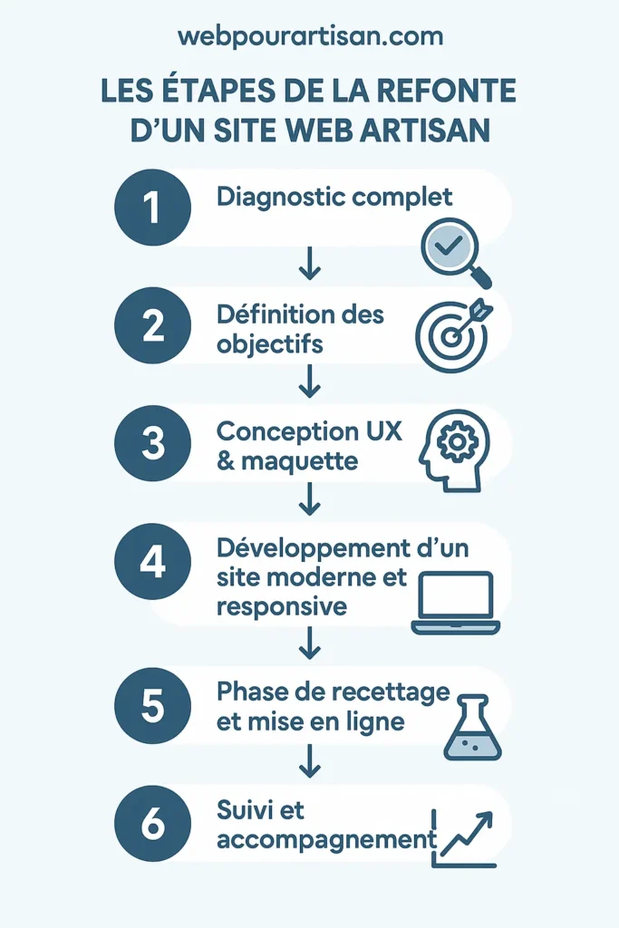 Infographie/SchĂ©ma illustrant les 6 Ă©tapes clĂ©s de la refonte dâun site web artisan