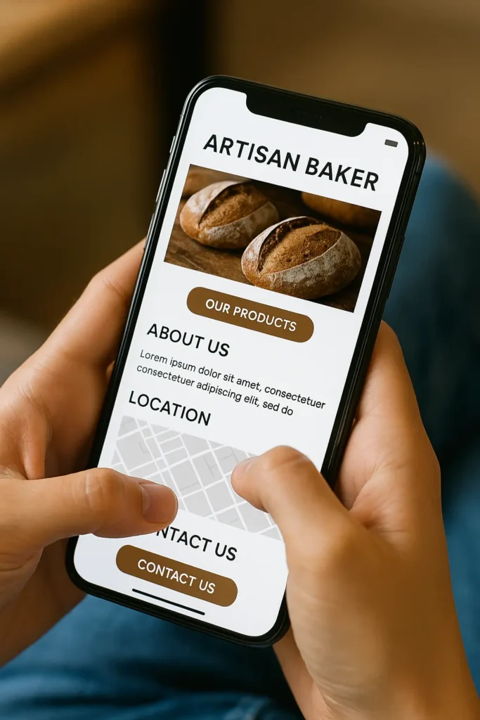 Un utilisateur sur smartphone naviguant facilement sur un site dâartisan moderne et clair.