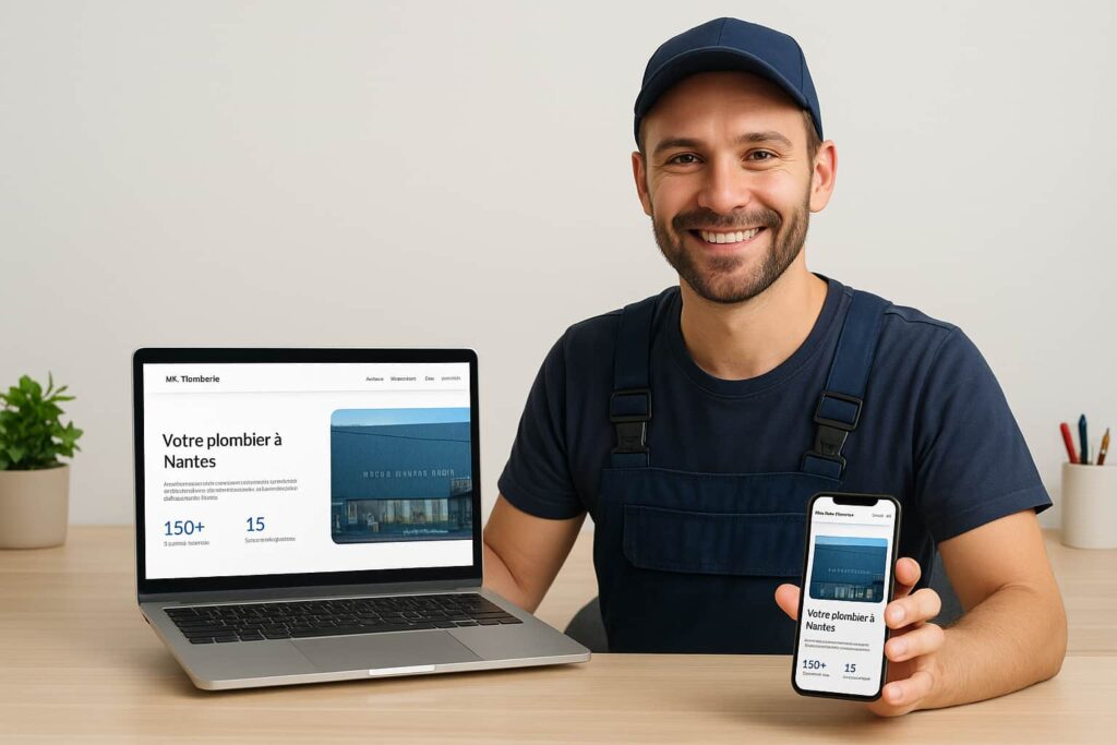 un artisan devant son ordinateur ou smartphone, souriant, avec son site web affichĂ© Ă  lâĂ©cran