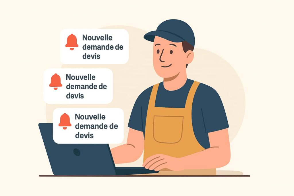 un artisan recevant plusieurs notifications « Nouvelle demande de devis » sur son ordinateur ou son smartphone.