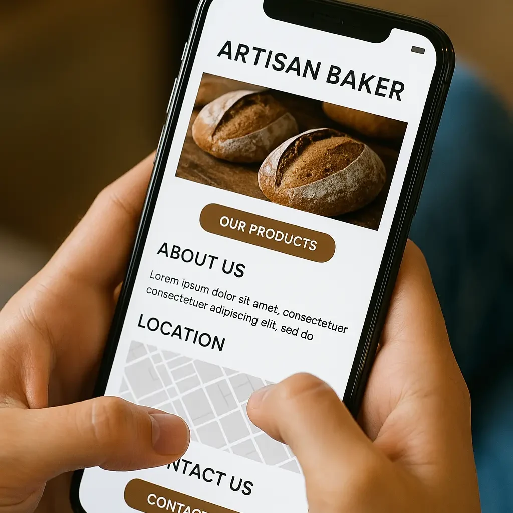Un utilisateur sur smartphone naviguant facilement sur un site d’artisan moderne et clair. Un utilisateur sur smartphone naviguant facilement sur un site d’artisan moderne et clair.